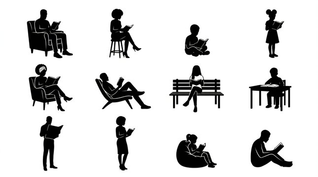 Set of people reading books silhouettes, diverse characters in various poses and settings.
