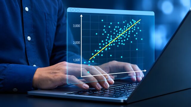 Regression analysis. Linear regression chart. Predicting trends with historical business data. Businessperson using laptop computer to make data-driven decisions.