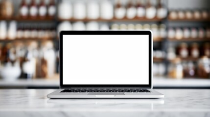 Fototapeta premium White laptop screen on marble counter with blurred
