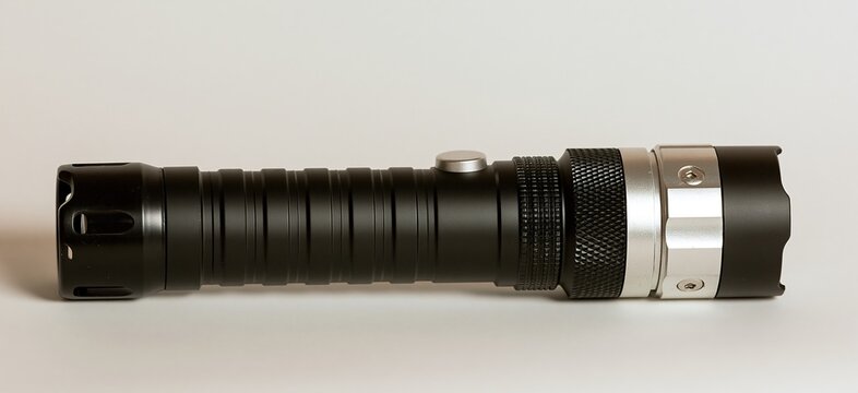 Black and silver tactical flashlight lying horizontally on