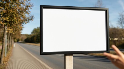 Fototapeta premium Hand gesturing towards blank billboard on roadside