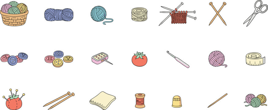Handmade Knitting and Sewing Craft Icon Set with Yarn Skeins Basket Knitting Needles Crochet Hook Buttons Scissors and Needlework Tools for Textile Hobby Graphic Designs