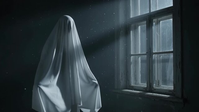 Mysterious white sheet ghost standing by an old window with dramatic moonlight beam and floating dust particles