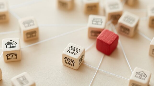 Wooden blocks with shop icons connected by strings