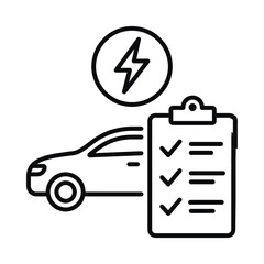 Electric car checklist icon showing vehicle maintenance and energy status with a lightning bolt symbol © VectorBench