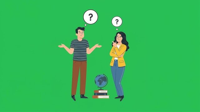 Confused Business girl and boy Thinking with Question Marks on Green Screen, 4K Problem Solving Animation