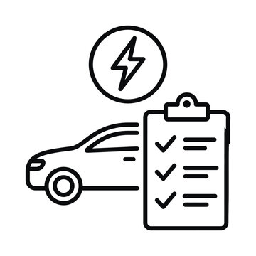 Electric car checklist icon showing vehicle maintenance and energy status with a lightning bolt symbol