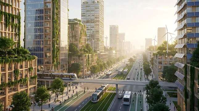 Sustainable Urban Development Featuring Eco-Friendly Architecture and Modern Green Infrastructure in a Future Cityscape