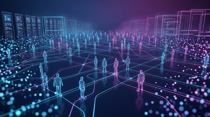 Fototapeta premium Vast digital social network populated by glowing human figures linked through an intricate web of luminous data pathways representing modern global connectivity and virtual communication