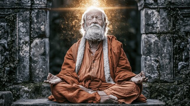 Enlightened elder meditates with spiritual energy emanating from his head.