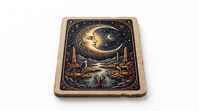 Mystical crescent moon with a serene face illuminates a dark night sky featuring howling wolves and ancient towers in an ornate vintage illustration perfect for themes of magic astrology and folklore