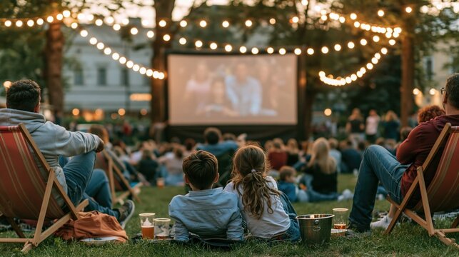 Family watching outdoor movie night under string lights