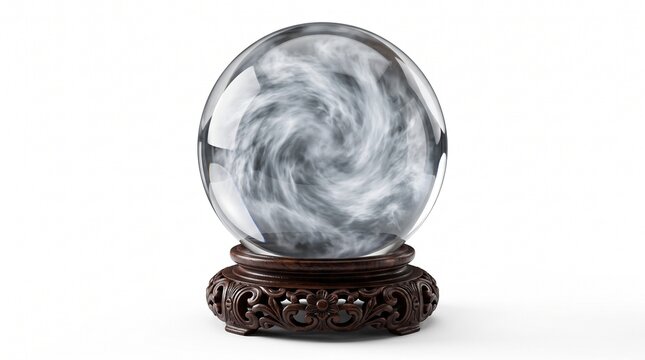 Transparent crystal ball with swirling mist resting on an ornate wooden stand representing future predictions destiny and foresight