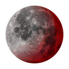 A highly detailed moon with cratered surface texture transitioning from natural grey to deep red, resembling a total lunar eclipse or blood moon phase, isolated on a white background. Suitable for ast © Jack