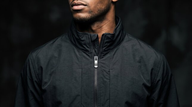 black zip up jacket detail worn by black man standing in photo studio