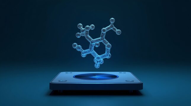 Floating peptide molecule hologram displayed over sleek medical device interface with translucent three dimensional molecule structure suspended