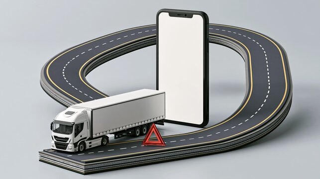 Miniature truck on winding road beside smartphone