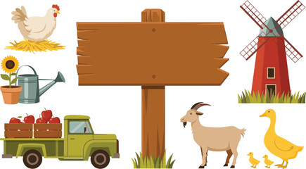 Fototapeta premium Rustic Agriculture and Countryside Farm Element Set with Empty Wooden Sign, Windmill, Pickup Truck, Livestock Animals, and Agriculture Tools for Vector Graphic Designs