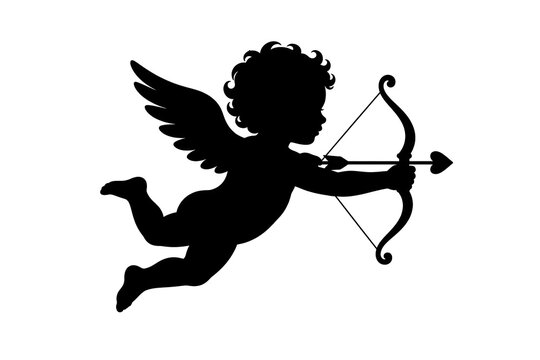 Cupid Silhouette Vector Flying Angel Baby Bow Arrow Heart Valentine Day Black Figure Isolated White Background Love Icon
