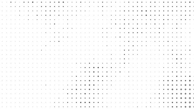 Animated abstract technology random dots and grid background with grey rhombus dot matrix, organic fluid halftone wave movement on white screen.