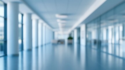 Naklejka premium Blurred blue office corridor with columns and glass