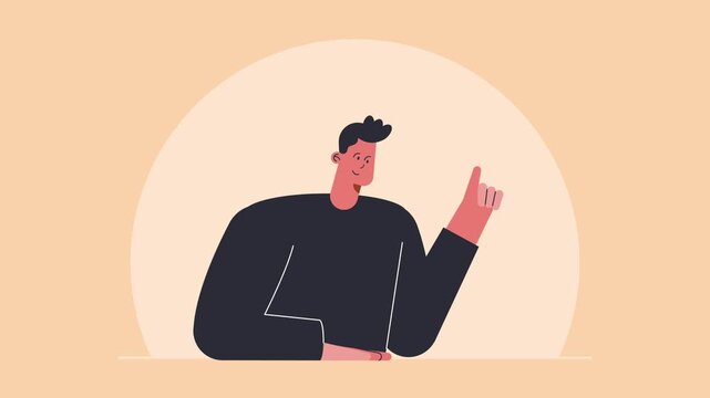 Minimalist animation of man pointing finger up with surprised facial expression and flat design style on pastel background.