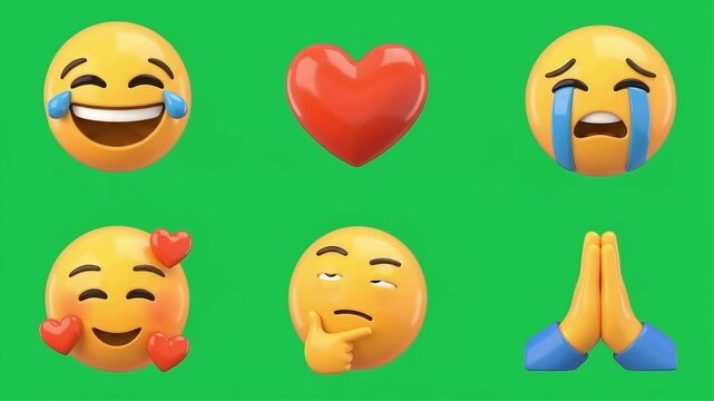 Colorful Emoticons Expressing Different Emotions Animation, 4K Green Screen Chroma Key