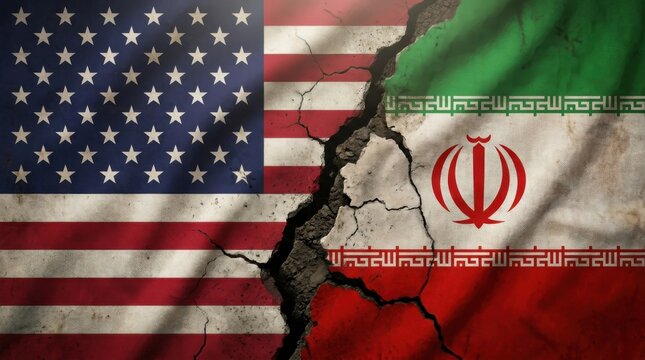 Conceptual image representing the geopolitical tension and diplomatic rift between the United States of America and Iran, featuring national flags separated by a deep, dark, and jagged crack in the 