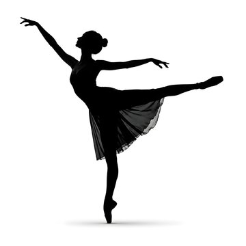 Graceful Ballerina Performing Arabesque Pose Silhouette Isolated on White Background