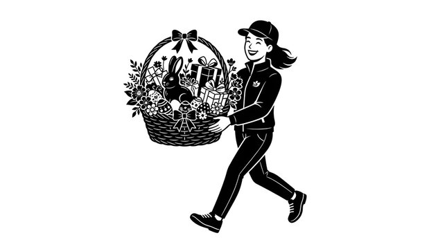 Courier delivering Easter gift basket with flowers and bunny illustration