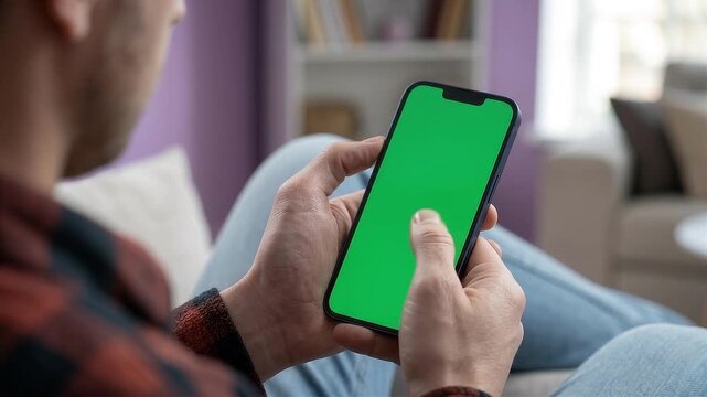 Man Using Smartphone Green Screen for Home Workout, Fitness Training Technology Concept