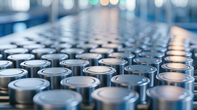 Rows of silver metal cans moving on factory