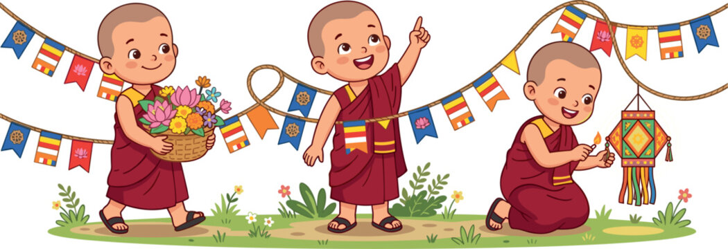 Little Buddhist Monks Celebrating Vesak Day Featuring Buddhist Flags Lantern Flowers Basket Vector Illustration