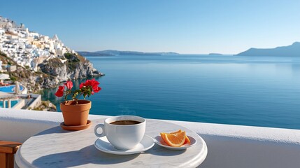 Naklejka premium Coffee cup and fruit on balcony overlooking sea
