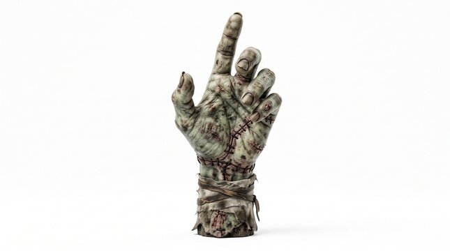 Gruesome zombie hand with an upward-pointing index finger wrapped in decaying bandages isolated on white for horror Halloween and undead concepts