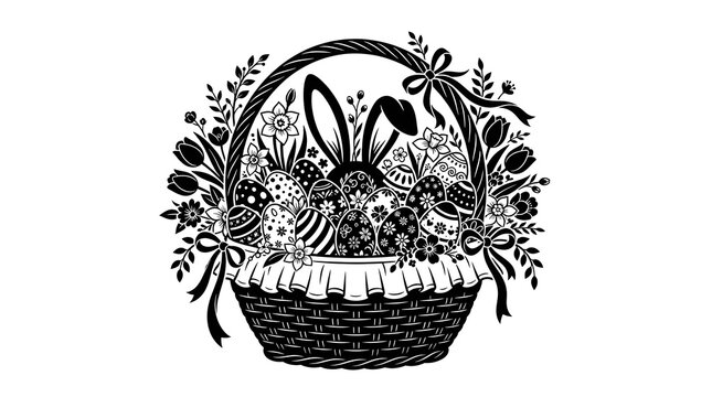 Easter basket silhouette with decorated eggs and bunny ears floral design