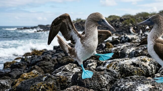 Blue-footed Booby Performing Courtship Dance on Volcanic Rocks in the Galapagos Islands, Ecuador
