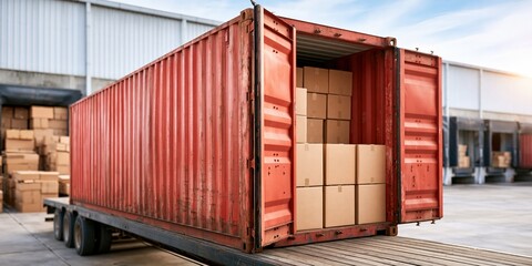 Fototapeta premium Red shipping container loaded with cardboard boxes on