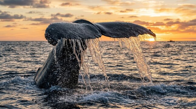 Majestic Humpback Whale Tail Fluke Diving into the Ocean at Sunset with Water Cascading Down
