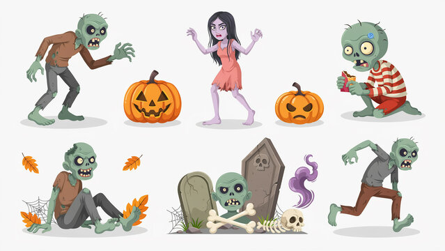 Halloween themed cartoon illustrations featuring zombies pumpkins ghosts and spooky graveyard elements with transparent background