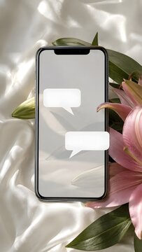 Luxury Smartphone Messaging Mockup on Satin Fabric with Pink Lilies