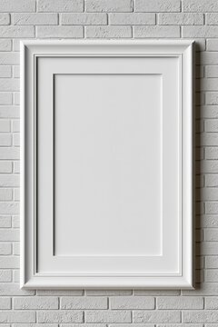 Empty white picture frame on textured brick wall