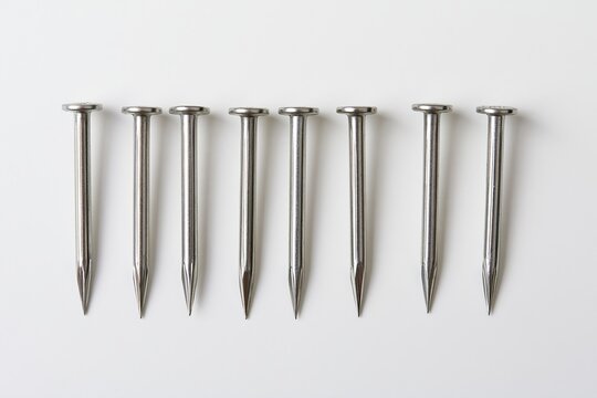 Metal nails arranged in row on white surface