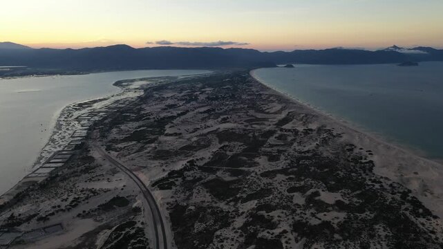 Aerial view of Van Phong Bay, Hon Ong Island and the route to Son Dung Beach in Dai Lanh Commune, Khanh Hoa, Vietnam, showcasing pristine islands, turquoise waters and coastal scenery.