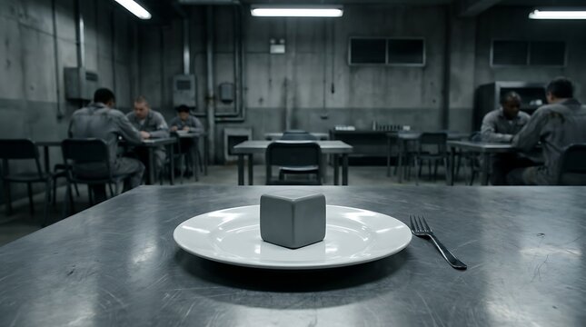 Dystopian prison cafeteria with inmates eating futuristic cube food ration served on a white plate