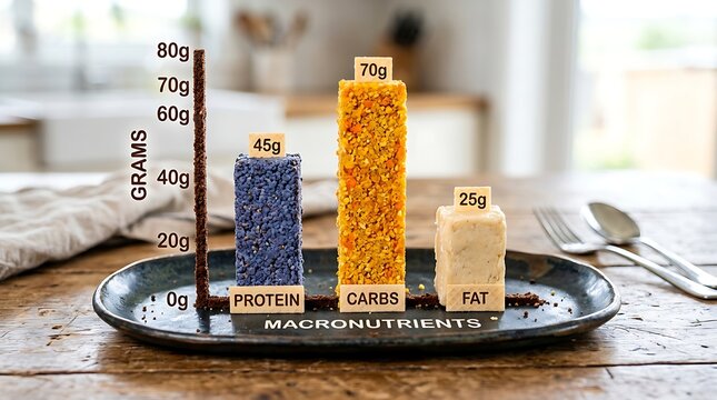Creative food bar chart showing macronutrients of protein carbs and fat grams on a plate
