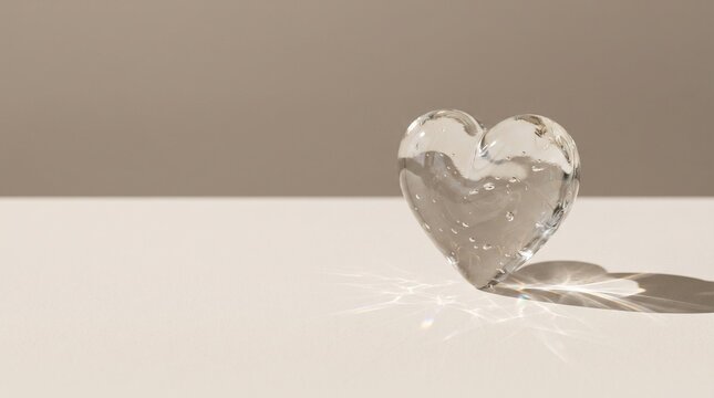 Translucent glass heart casting a natural heart-shaped shadow in warm sunlight on an ivory surface, creating an elegant minimalist symbol of love, affection, connection, romance, and emotional warmth.