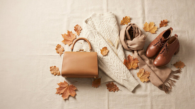 Stylish autumn fashion ensemble featuring handbag boots scarf sweater and autumn leaves on light fabric
