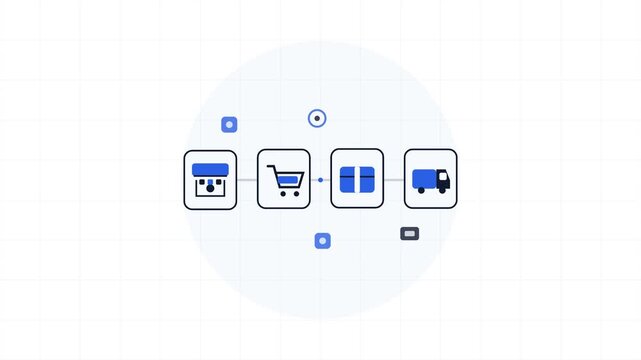 Minimalist flat design illustration showing the step by step e-commerce online shopping process.