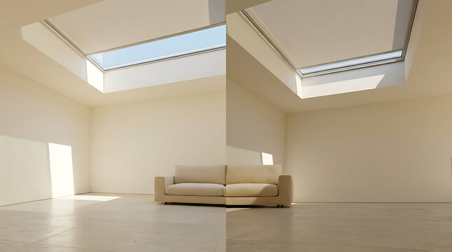 Automated skylight shade closing to control natural light in a modern living room interior